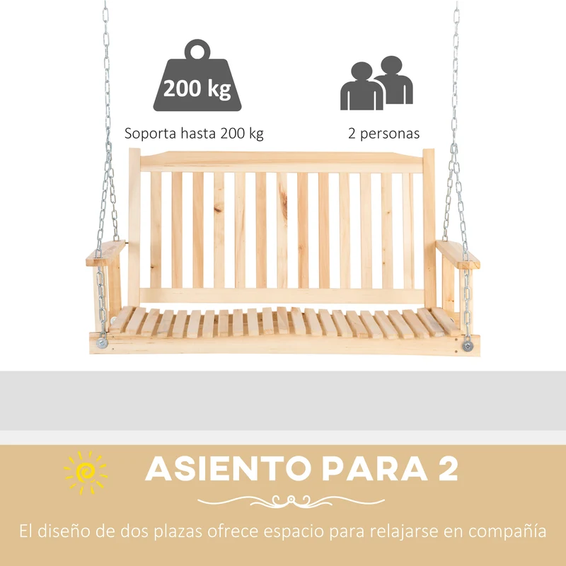 Outsunny Banco Columpio de Madera de 2 Plazas Banco Balancín Colgante con Reposabrazos Cadenas Ajustables y Diseño Listones Carga 200 kg para Jardín Terraza Balcón 117x69x60 cm Natural