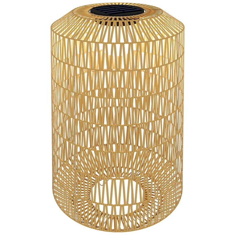 Outsunny Linterna de Jardín de Ratán Sintético Farola Solar con Luces LED Encendido y Apagado Automático Diseño Bohemio Impermeable para Terraza Balcón Patio Ø30x55 cm Natural