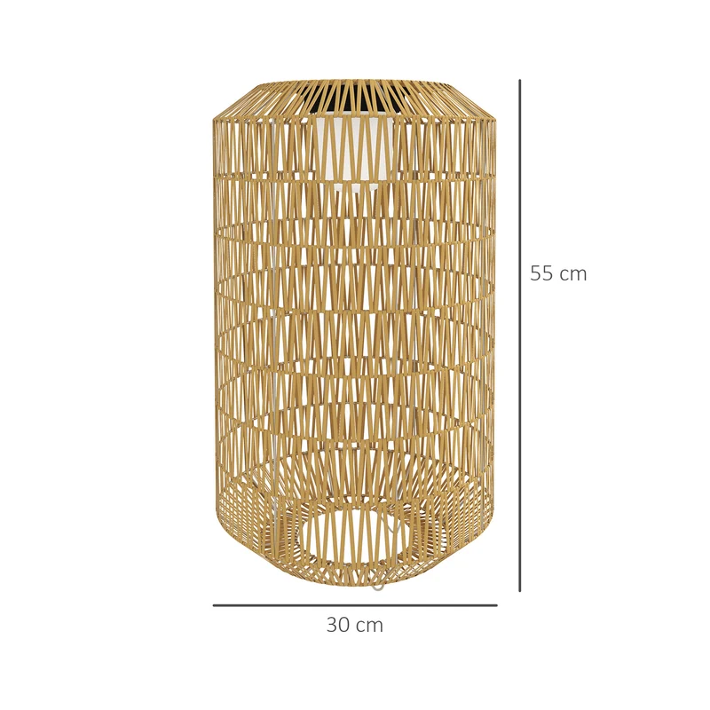 Outsunny Linterna de Jardín de Ratán Sintético Farola Solar con Luces LED Encendido y Apagado Automático Diseño Bohemio Impermeable para Terraza Balcón Patio Ø30x55 cm Natural