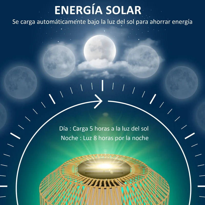 Outsunny Linterna de Jardín de Ratán Sintético Farola Solar con Luces LED Encendido y Apagado Automático Diseño Bohemio Impermeable para Terraza Balcón Patio Ø30x55 cm Natural