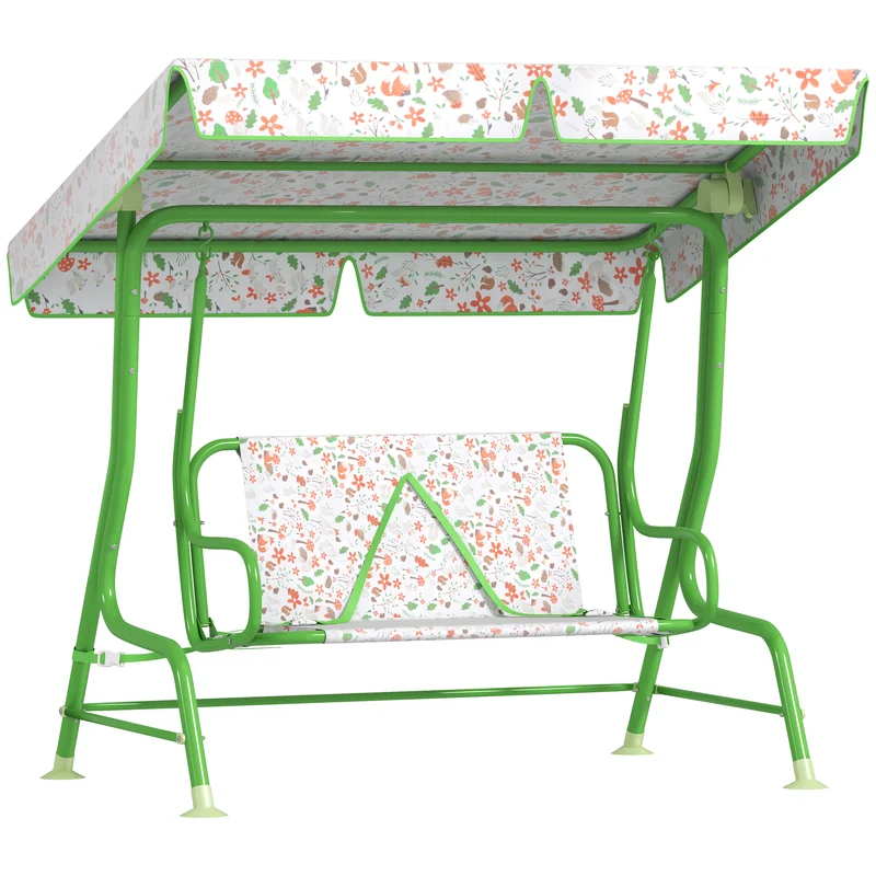AIYAPLAY Columpio de Jardín Exterior para Niños de +3 Años Balancín de Jardín Exterior de 2 Plazas con Toldo Ajustable Arnés de Seguridad y Estampados Bonitos 112x75x120 cm Verde