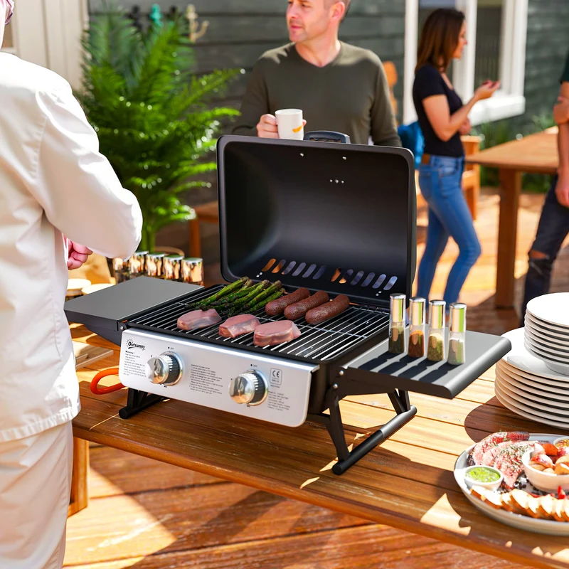 Outsunny Barbacoa de Gas con 2 Quemadores de Acero Inoxidable 2,8 KW Barbacoa Portátil con Mesas Laterales Plegables Bandeja Extraíble y Termómetro para Pícnic Camping 101x48x41 cm Negro