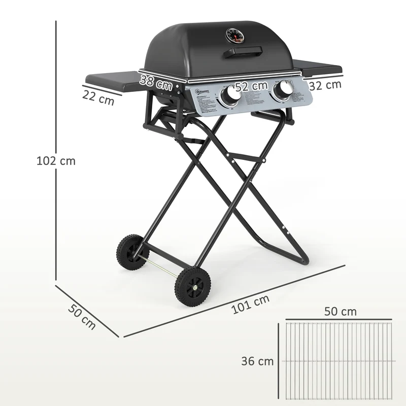 Outsunny Barbacoa de Gas con 2 Quemadores de Acero Inoxidable 2,8 KW Barbacoa Portátil con Mesas Laterales Plegables Bandeja Extraíble Termómetro y 2 Ruedas para Pícnic Camping 101x50x102 cm Negro