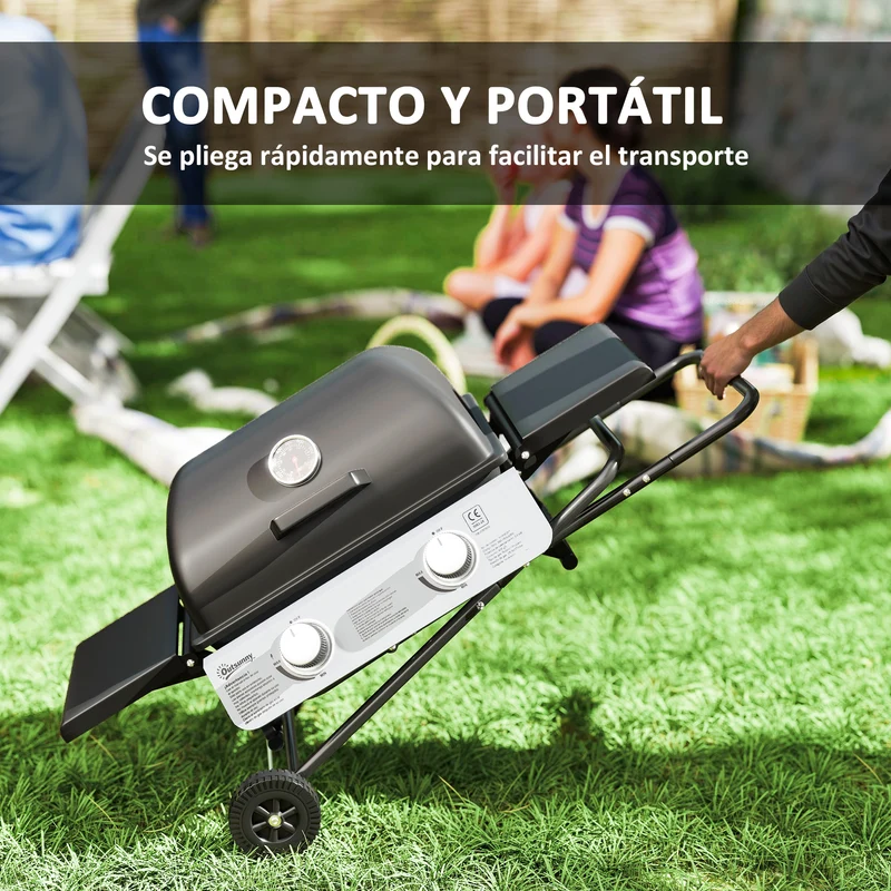 Outsunny Barbacoa de Gas con 2 Quemadores de Acero Inoxidable 2,8 KW Barbacoa Portátil con Mesas Laterales Plegables Bandeja Extraíble Termómetro y 2 Ruedas para Pícnic Camping 101x50x102 cm Negro