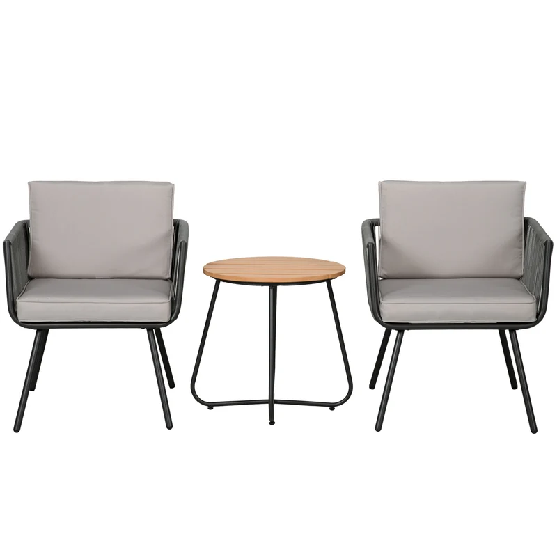 Outsunny Conjunto de Muebles de Jardín de Ratán Sintético 3 Piezas Conjunto de Mesa y 2 Sillas de Ratán con Cojines Acolchados Extraíbles para Balcón Terraza Patio Gris