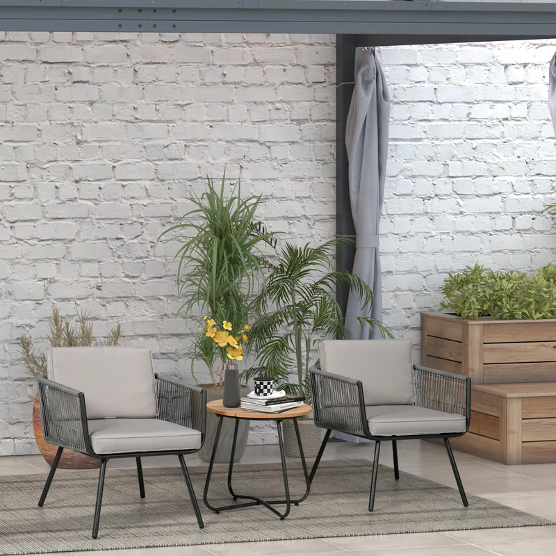 Outsunny Conjunto de Muebles de Jardín de Ratán Sintético 3 Piezas Conjunto de Mesa y 2 Sillas de Ratán con Cojines Acolchados Extraíbles para Balcón Terraza Patio Gris