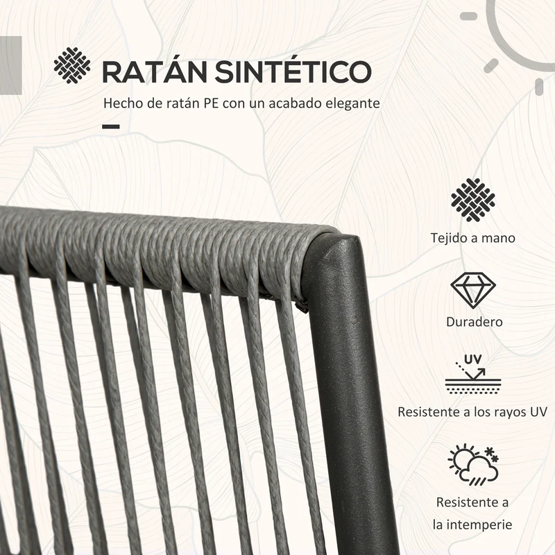 Outsunny Conjunto de Muebles de Jardín de Ratán Sintético 3 Piezas Conjunto de Mesa y 2 Sillas de Ratán con Cojines Acolchados Extraíbles para Balcón Terraza Patio Gris
