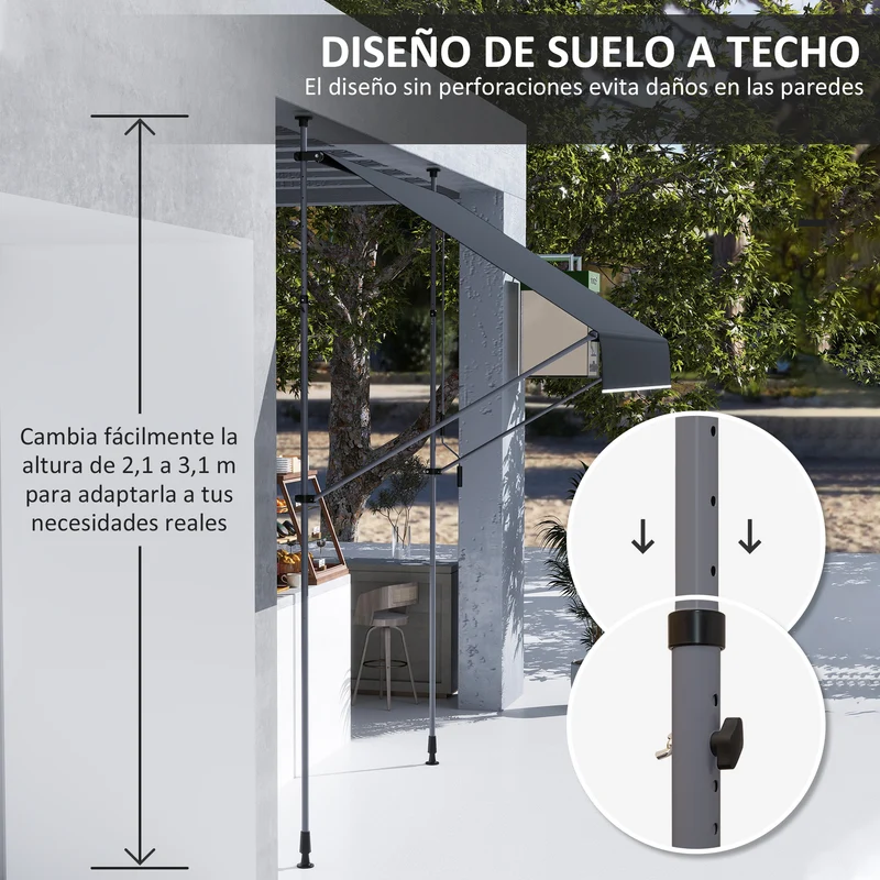 Outsunny Toldo Manual Retráctil 2x1,2 m Toldo Exterior Terraza Enrollable Altura Ajustable con Manivela 210-310 cm Protección UV30+ Sin Taladro para Jardín Balcón Patio Negro