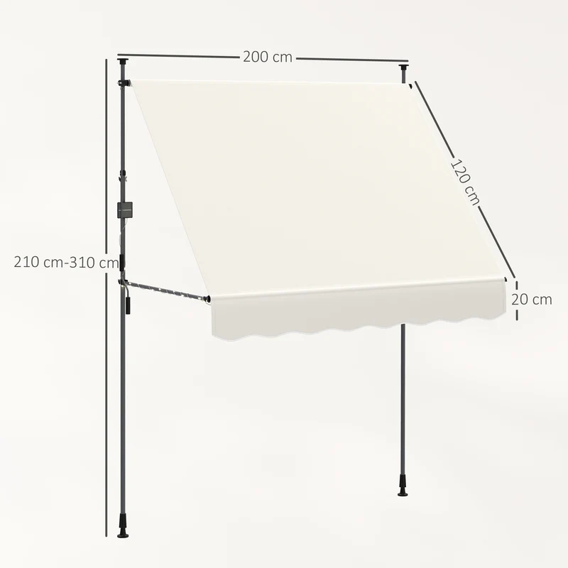 Outsunny Toldo Manual Retráctil 2x1,2 m Toldo Exterior Terraza Enrollable Altura Ajustable con Manivela 210-310 cm Protección UV30+ Sin Taladro para Jardín Balcón Patio Crema