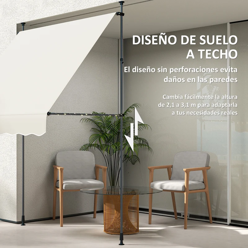 Outsunny Toldo Manual Retráctil 2x1,2 m Toldo Exterior Terraza Enrollable Altura Ajustable con Manivela 210-310 cm Protección UV30+ Sin Taladro para Jardín Balcón Patio Crema