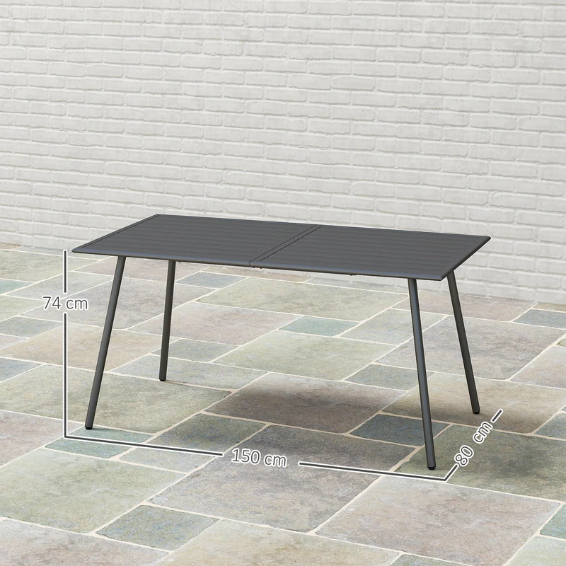 Outsunny Mesa Jardín Exterior Rectangular de Acero 150x80x74 cm Mesa Terraza Exterior con Diseño en Lamas Resistente a la Intemperie Fácil de Limpiar Gris Oscuro