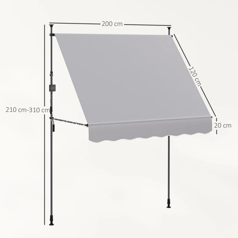 Outsunny Toldo Manual Retráctil 2x1,2 m Toldo Exterior Terraza Enrollable Altura Ajustable con Manivela 210-310 cm Protección UV30+ Sin Taladro para Jardín Balcón Patio Gris