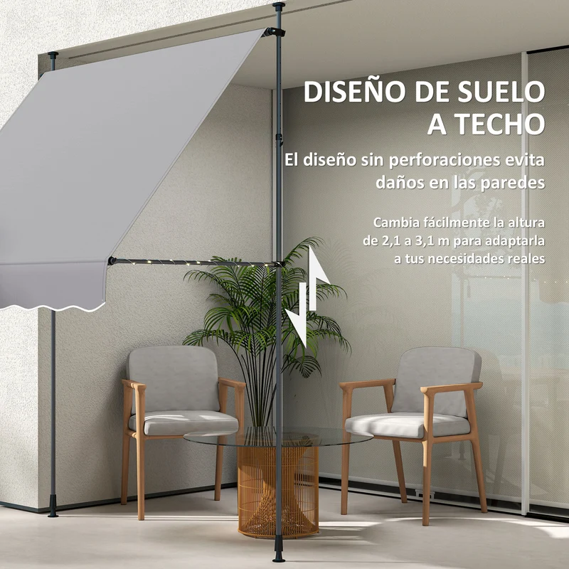 Outsunny Toldo Manual Retráctil 2x1,2 m Toldo Exterior Terraza Enrollable Altura Ajustable con Manivela 210-310 cm Protección UV30+ Sin Taladro para Jardín Balcón Patio Gris
