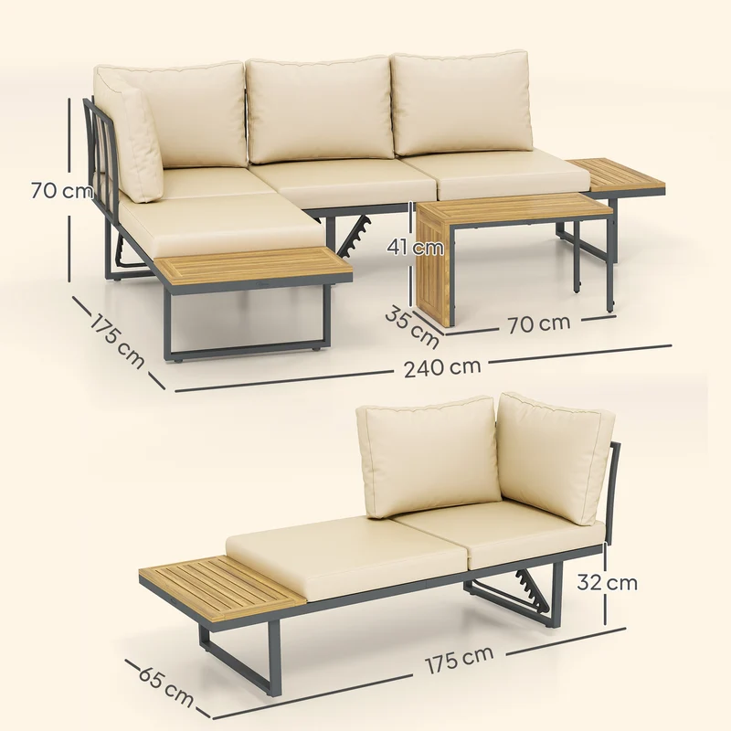 Outsunny Conjunto de Muebles Jardín Exterior Sofás de Exterior en Forma de L Tumbona con 2 Sofás de 3 Plazas Asiento Ajustable y Mesa de Madera de Acacia Versátil con Cojines Beige y Gris