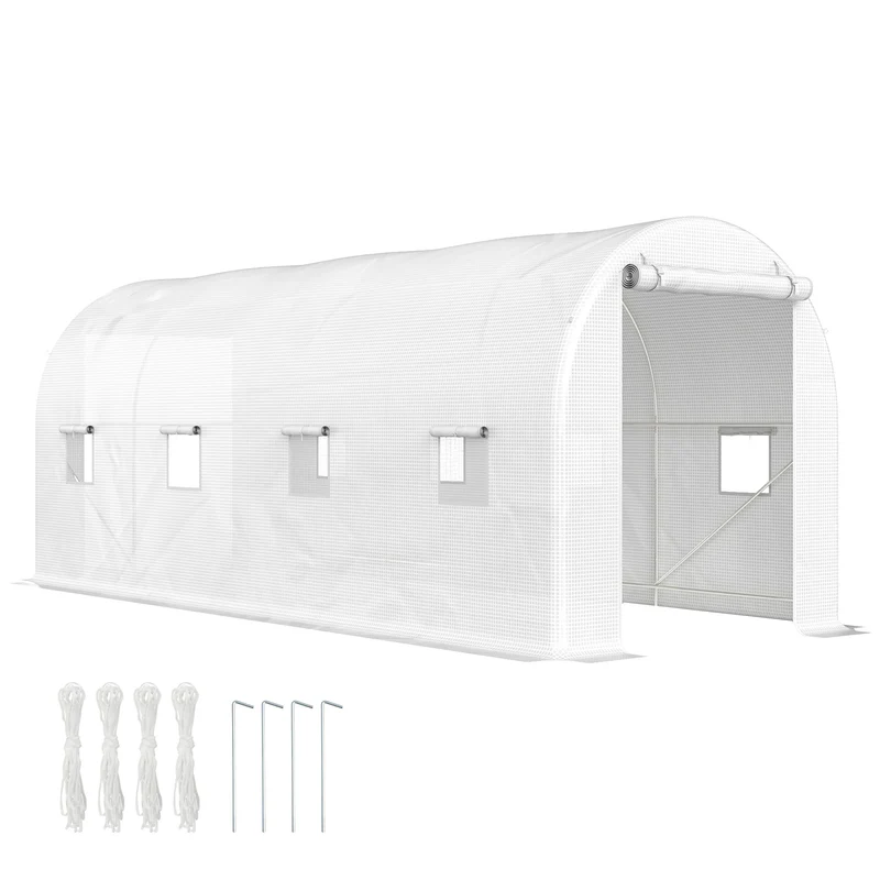 Outsunny Invernadero de Túnel 500x200x205 cm Invernadero de Jardín con Puerta Enrollable y 8 Ventanas Cubierta PE 140 g/m² Marco de Metal para Cultivo Plantas Verduras Blanco