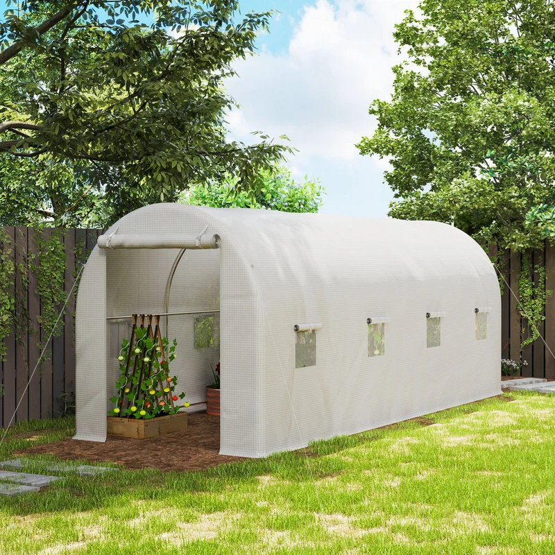 Outsunny Invernadero de Túnel 500x200x205 cm Invernadero de Jardín con Puerta Enrollable y 8 Ventanas Cubierta PE 140 g/m² Marco de Metal para Cultivo Plantas Verduras Blanco