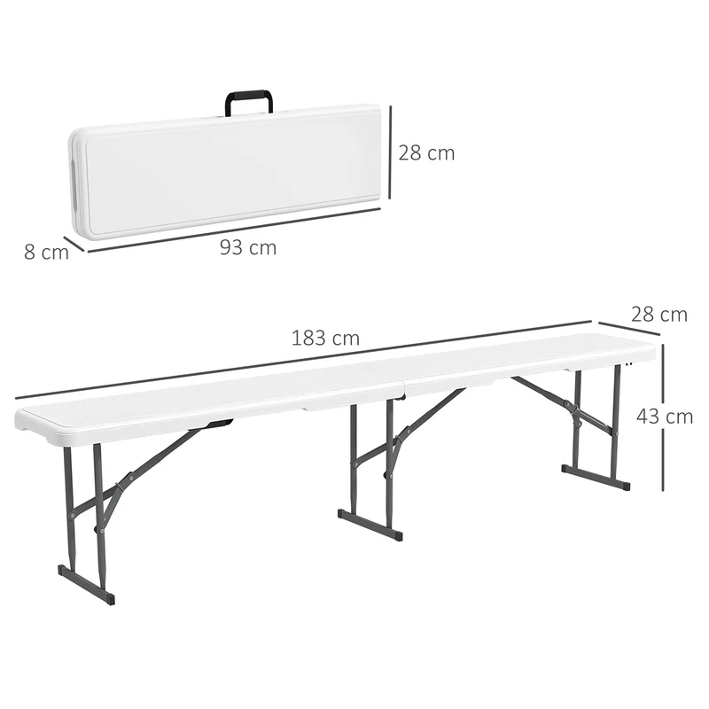 Outsunny Banco de Jardín Plegable Banco Exterior de 3 Plazas con Marco de Acero Carga 360 kg para Patio Terraza Balcón Camping 183x28x43 cm Blanco