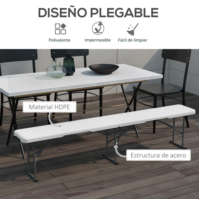 Outsunny Banco de Jardín Plegable Banco Exterior de 3 Plazas con Marco de Acero Carga 360 kg para Patio Terraza Balcón Camping 183x28x43 cm Blanco