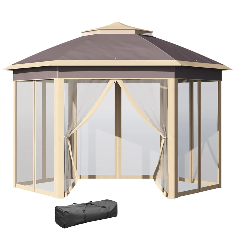 Outsunny Carpa Plegable 4x3,4x2,85 m Cenador de Jardín Hexagonal con Doble Techo 6 Mosquiteras Desmontables Bolsa de Transporte Altura Ajustable en 3 Niveles y Anti-UV Gazebo para Fiesta Patio Beige