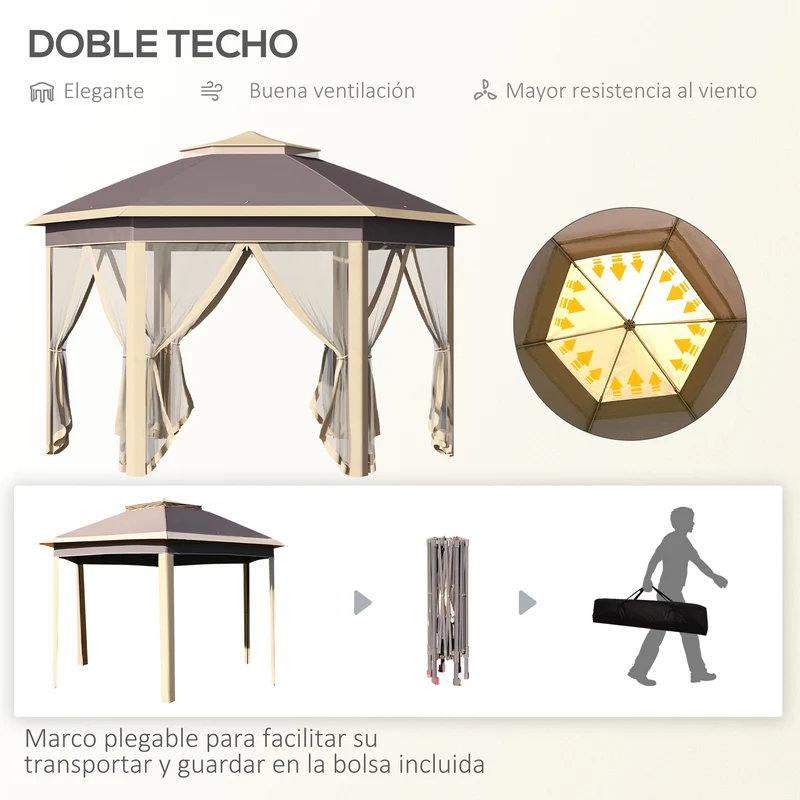 Outsunny Carpa Plegable 4x3,4x2,85 m Cenador de Jardín Hexagonal con Doble Techo 6 Mosquiteras Desmontables Bolsa de Transporte Altura Ajustable en 3 Niveles y Anti-UV Gazebo para Fiesta Patio Beige