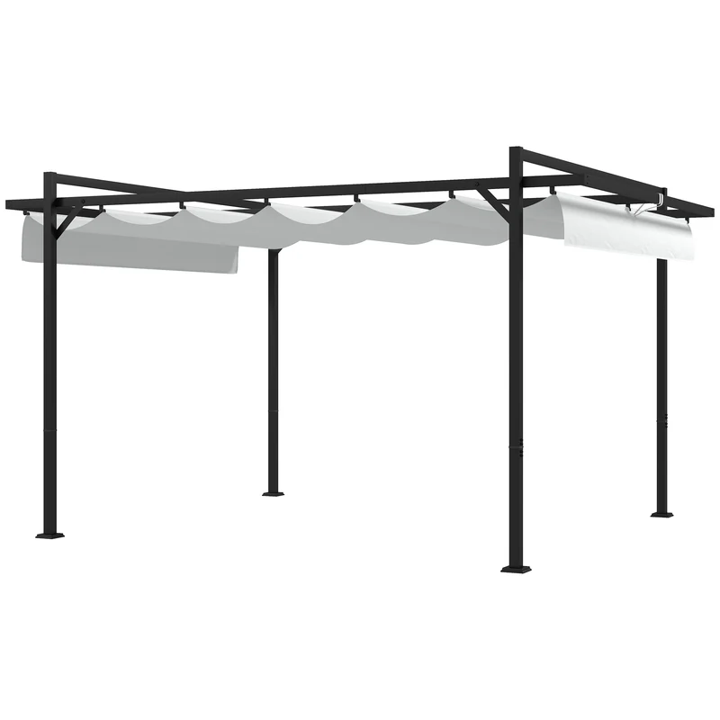 Outsunny Pérgola 3x4 m Gazebo Cenador de Jardín con Techo Retráctil de Poliéster y 12 Orificios de Drenaje Pérgola para Patio Terraza Exterior Blanco y Gris Oscuro
