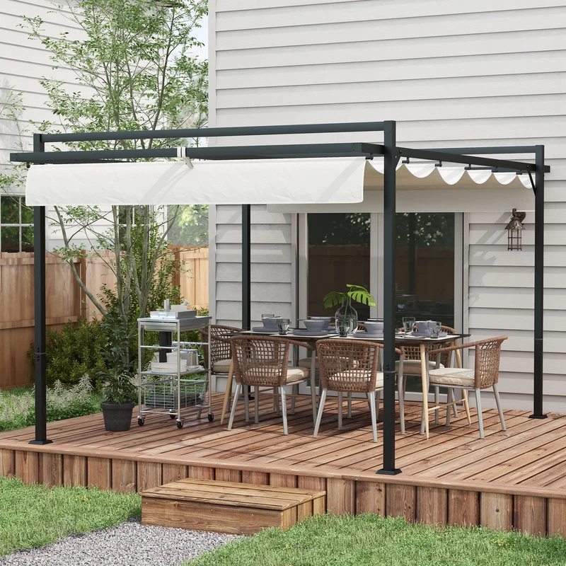 Outsunny Pérgola 3x4 m Gazebo Cenador de Jardín con Techo Retráctil de Poliéster y 12 Orificios de Drenaje Pérgola para Patio Terraza Exterior Blanco y Gris Oscuro