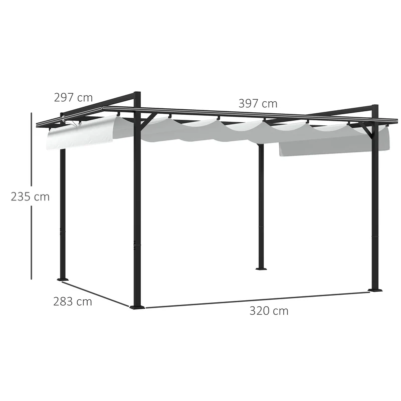 Outsunny Pérgola 3x4 m Gazebo Cenador de Jardín con Techo Retráctil de Poliéster y 12 Orificios de Drenaje Pérgola para Patio Terraza Exterior Blanco y Gris Oscuro
