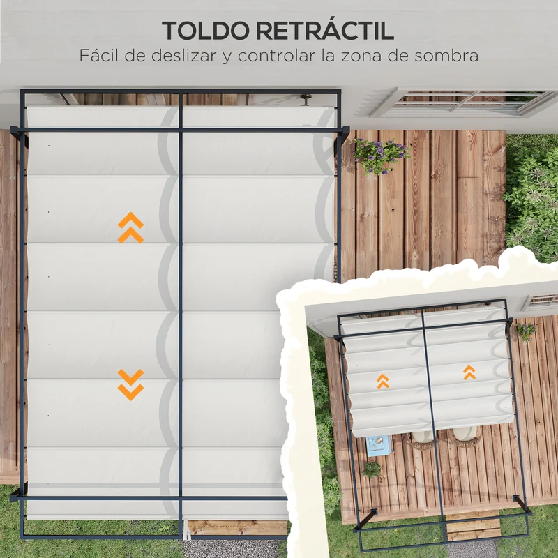 Outsunny Pérgola 3x4 m Gazebo Cenador de Jardín con Techo Retráctil de Poliéster y 12 Orificios de Drenaje Pérgola para Patio Terraza Exterior Blanco y Gris Oscuro