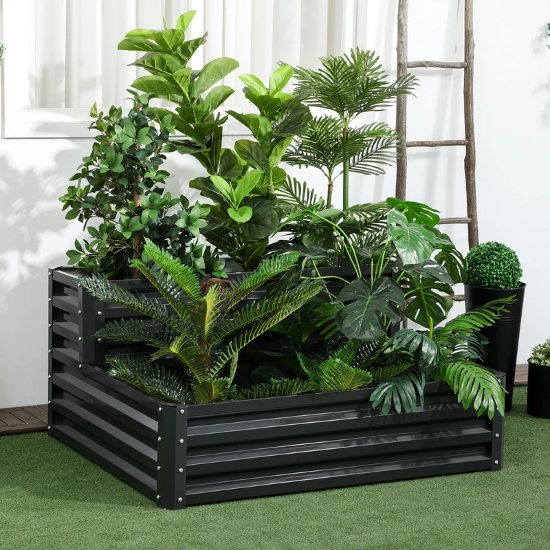 Outsunny Huerto Urbano de 2 Niveles Jardinera Exterior de Acero con Diseño de Escalera para Cultivos Plantas Medicina Herbaria Flores para Terraza Jardín 120x101x58 cm Gris Oscuro