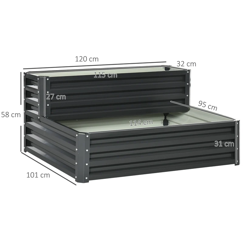 Outsunny Huerto Urbano de 2 Niveles Jardinera Exterior de Acero con Diseño de Escalera para Cultivos Plantas Medicina Herbaria Flores para Terraza Jardín 120x101x58 cm Gris Oscuro