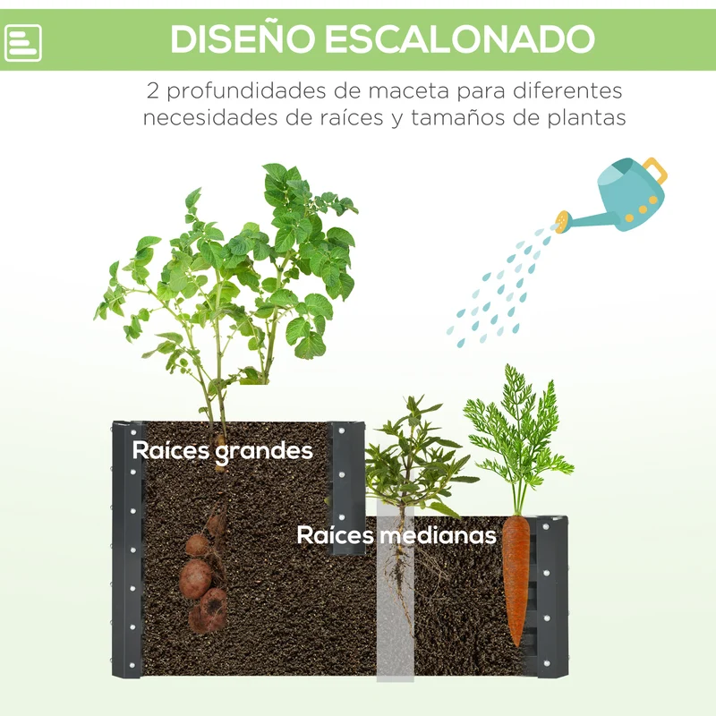 Outsunny Huerto Urbano de 2 Niveles Jardinera Exterior de Acero con Diseño de Escalera para Cultivos Plantas Medicina Herbaria Flores para Terraza Jardín 120x101x58 cm Gris Oscuro