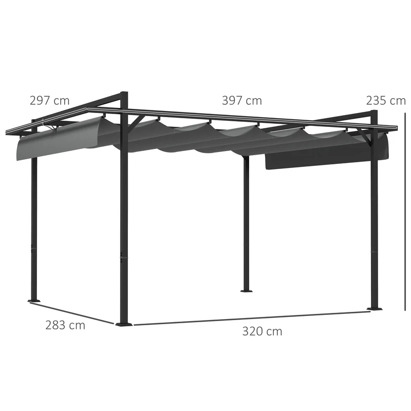 Outsunny Pérgola 3x4 m Gazebo Cenador de Jardín con Techo Retráctil de Poliéster y 12 Orificios de Drenaje Pérgola para Patio Terraza Exterior Gris Oscuro