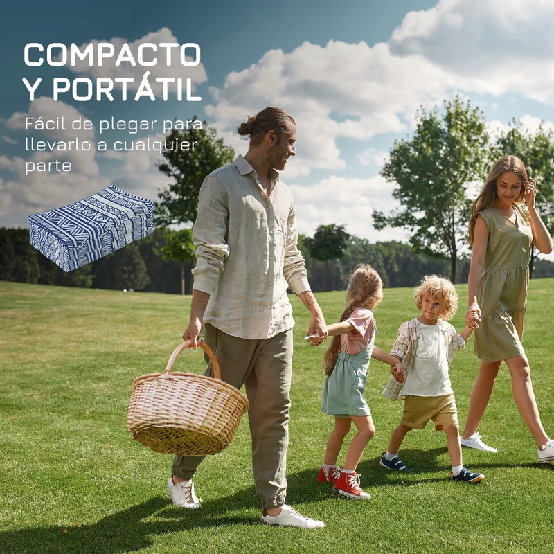 Outsunny Alfombra de Exterior 182x274 cm Alfombra Reversible con Patrón Geométrico Impermeable para Terraza Balcón Patio Camping Playa Azul Oscuro y Blanco