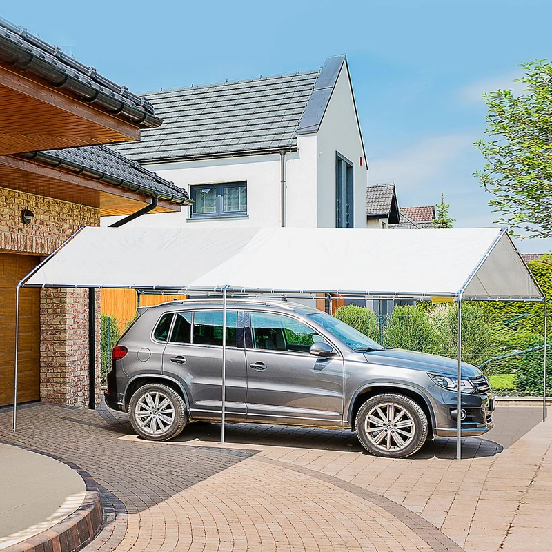 Outsunny Cochera Exterior 3x6 m Carpa Garaje para Coche Impermeable con Toldo de Tela PE y Marco de Acero Galvanizado Pabellón Gazebo para Jardín Patio Blanco