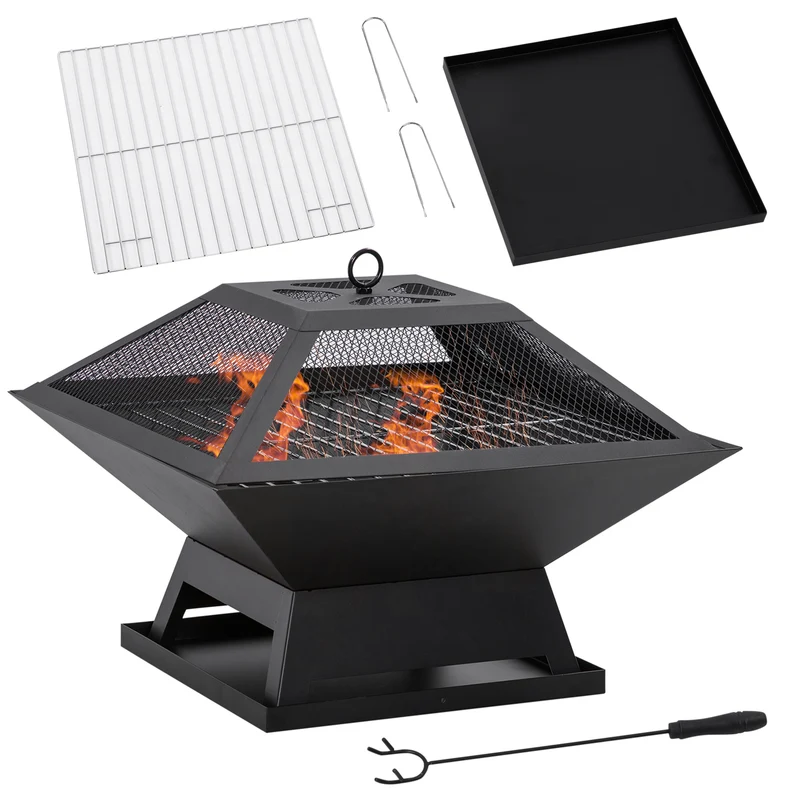 Outsunny Brasero Exterior de Acero Pozo de Fuego para Jardín Multifuncional con Protector de Chispas y Atizador para Barbacoa Hogueras en Terraza Camping 45x45x34 cm Negro