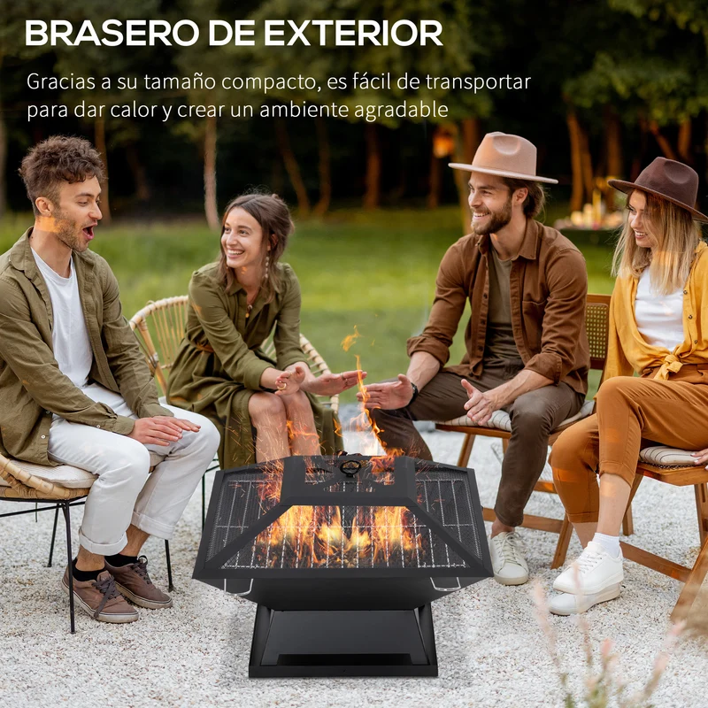 Outsunny Brasero Exterior de Acero Pozo de Fuego para Jardín Multifuncional con Protector de Chispas y Atizador para Barbacoa Hogueras en Terraza Camping 45x45x34 cm Negro