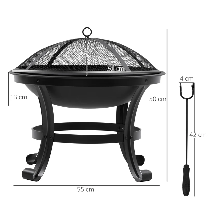 Outsunny Brasero Exterior para Jardín Pozo de Fuego de Acero con Protector de Chispas y Atizador para Hogueras en Terraza Camping Ø55x50 cm Negro