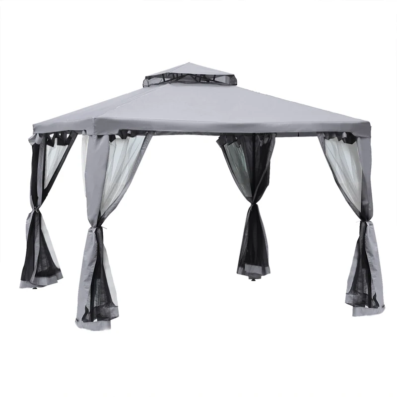 Outsunny Cenador de Jardín 3x3 m Pabellón de Exterior con Doble Techo de Ventilación 4 Cortinas Mosquiteras Laterales con Cremallera 8 Orificios de Drenaje Gazebo para Fiestas Patio Gris