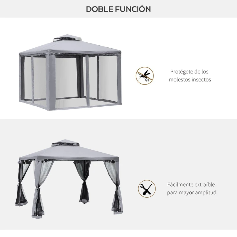 Outsunny Cenador de Jardín 3x3 m Pabellón de Exterior con Doble Techo de Ventilación 4 Cortinas Mosquiteras Laterales con Cremallera 8 Orificios de Drenaje Gazebo para Fiestas Patio Gris