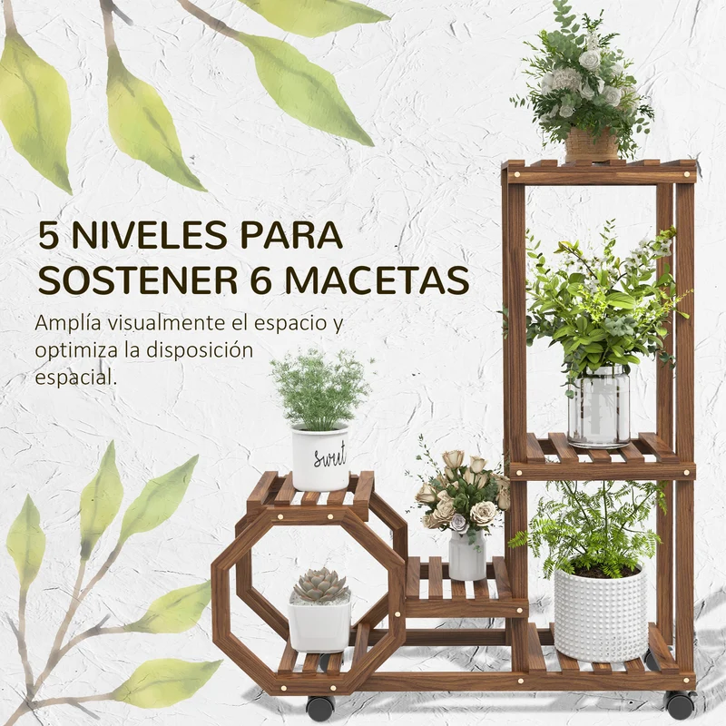 Outsunny Estantería para Plantas de 5 Niveles Soporte para Macetas de Madera Soporte para Plantas con Ruedas para Interiores y Exteriores 86x30x102 cm Carbonizado