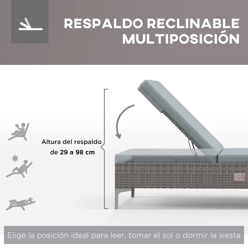 Outsunny Tumbona de Ratán Reclinable Tumbona de Jardín con Respaldo Ajustable Cojín Extraíble y Lavable Carga 160 kg para Patio Terraza 202x61x29-98 cm Gris y Marrón