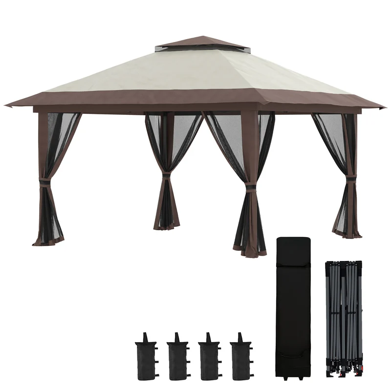 Outsunny Carpa Plegable Pop-up 4x4x2,8 m Cenador de Jardín con Paredes Altura Ajustable Anti-UV Impermeable Doble Techo Mosquiteras y Bolsa de Ruedas Gazebo para Exterior Fiestas Camping Beige