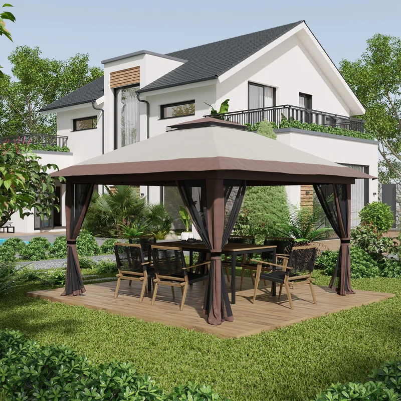 Outsunny Carpa Plegable Pop-up 4x4x2,8 m Cenador de Jardín con Paredes Altura Ajustable Anti-UV Impermeable Doble Techo Mosquiteras y Bolsa de Ruedas Gazebo para Exterior Fiestas Camping Beige