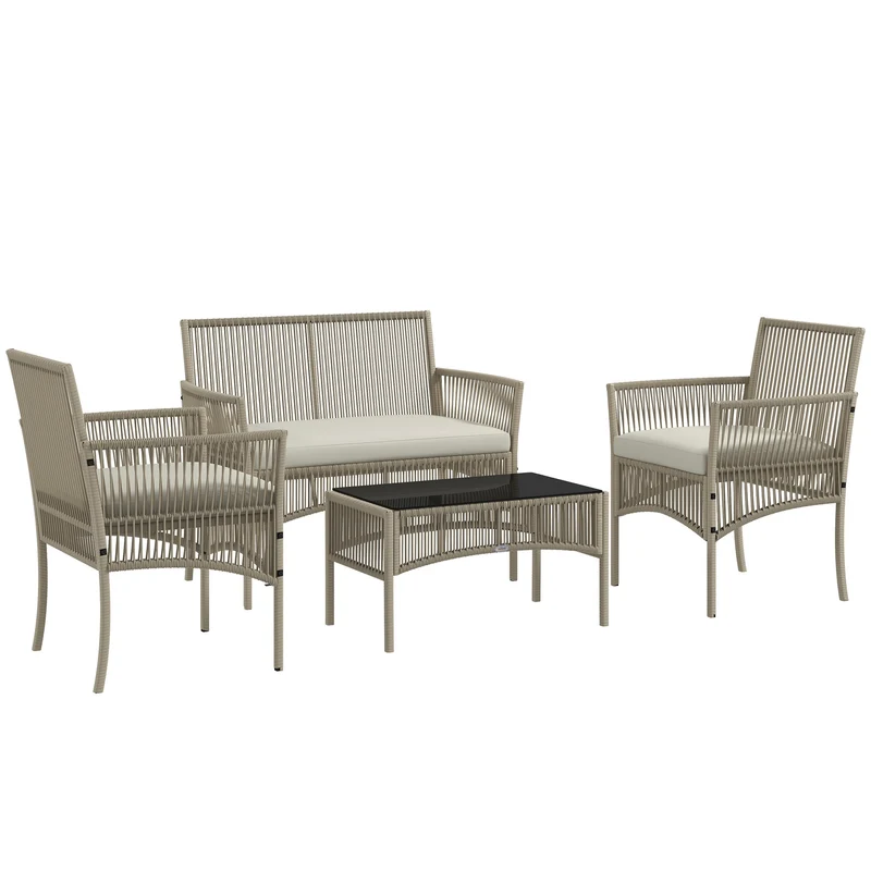 Outsunny Conjunto de Muebles de Jardín de Ratán Juego de 4 Piezas Muebles de Terraza con 1 Sofá de 2 Plazas 2 Sillones Cojines y 1 Mesa de Centro de Tablero de Vidrio para Patio Caqui