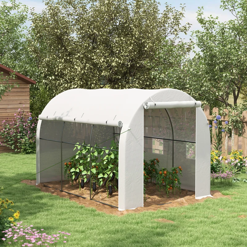 Outsunny Invernadero de Túnel 3x2x2 m Invernadero de Jardín con 3 Puertas y 6 Ventanas Enrollables Invernadero de Huerto con Techo de Redondo para Cultivos Plantas Flores Blanco