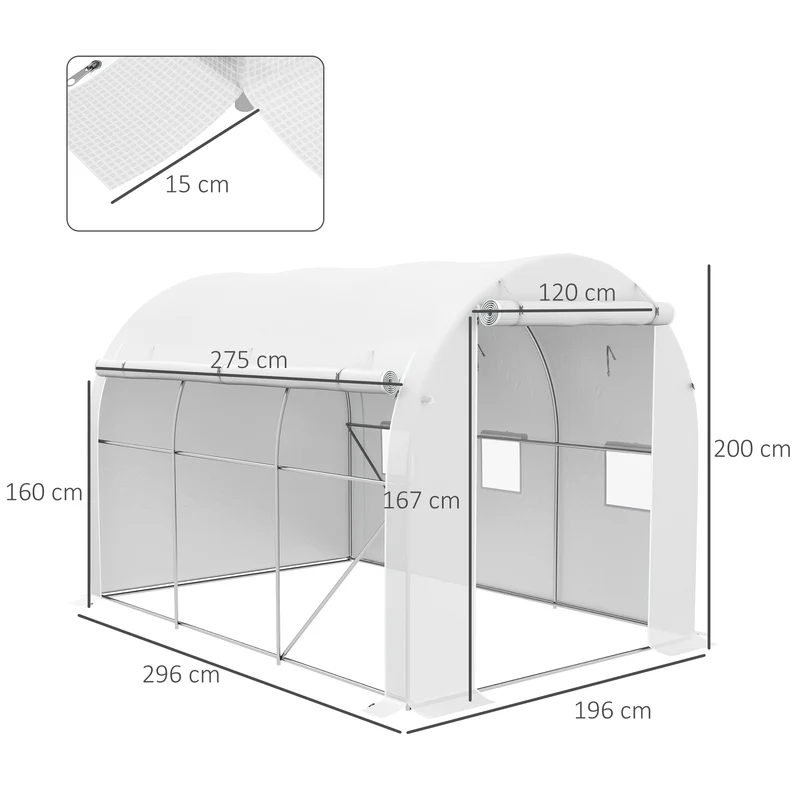 Outsunny Invernadero de Túnel 3x2x2 m Invernadero de Jardín con 3 Puertas y 6 Ventanas Enrollables Invernadero de Huerto con Techo de Redondo para Cultivos Plantas Flores Blanco