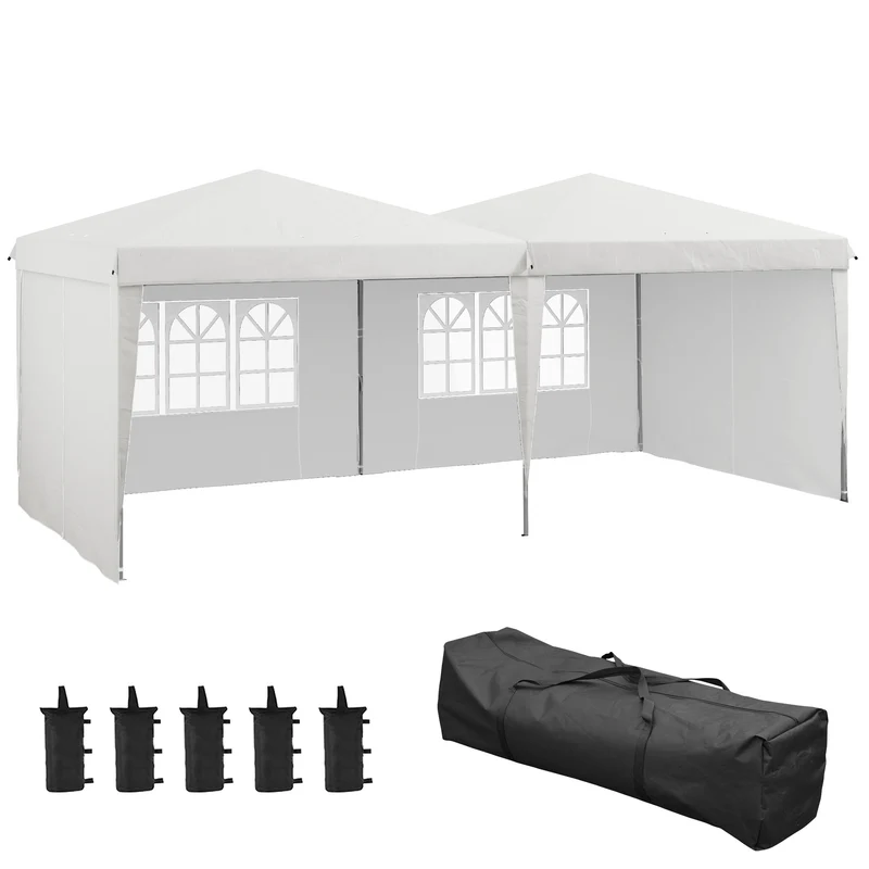Outsunny Carpa Plegable 6x3 m Cenador de Jardín con Altura Ajustable Paredes Laterales Protección UV30+ Impermeable Sacos de Arena y Bolsa de Transporte Gazebo para Exterior Jardín Fiestas Blanco