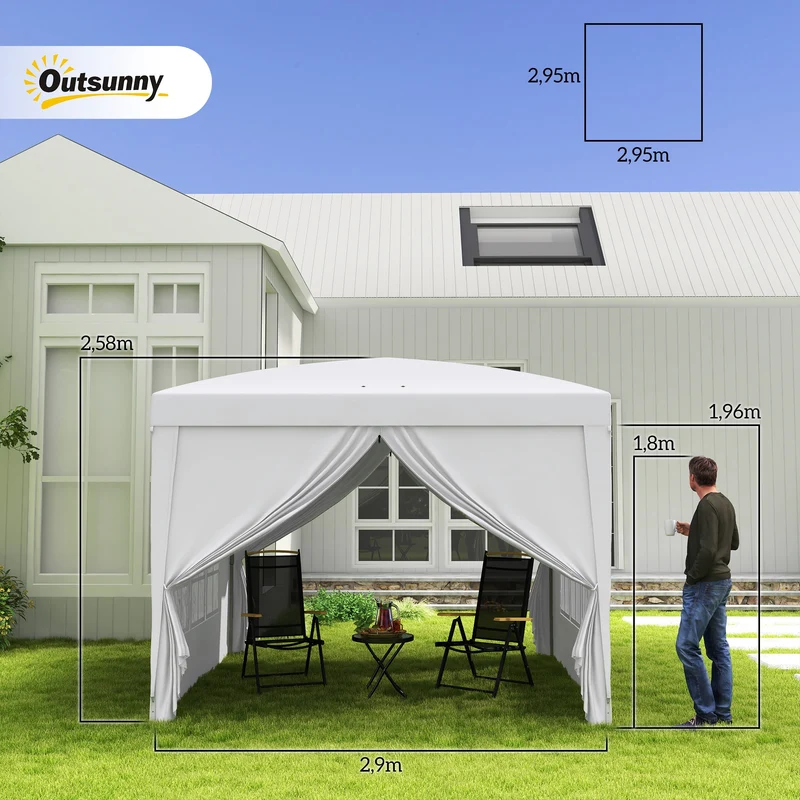 Outsunny Carpa Plegable Pop-up Gazebo 3x3 m Cenador Plegable con 4 Paredes Laterales Anti-UV y Bolsa de Transporte para Camping Fiestas Blanco