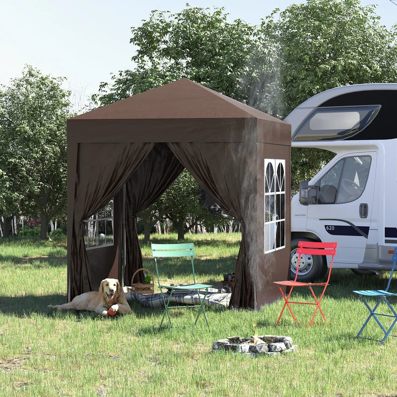 Outsunny Carpa Plegable Pop-up Gazebo 2x2 m Cenador Plegable con 4 Paredes Laterales Anti-UV y Bolsa de Transporte para Camping Fiestas Marrón