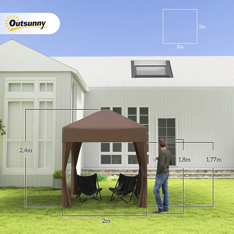 Outsunny Carpa Plegable Pop-up Gazebo 2x2 m Cenador Plegable con 4 Paredes Laterales Anti-UV y Bolsa de Transporte para Camping Fiestas Marrón